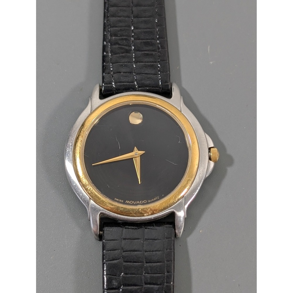 Movado‎ Museum Watch Two Tone Silver Gold Working Black Leather Band Fits 7.5"